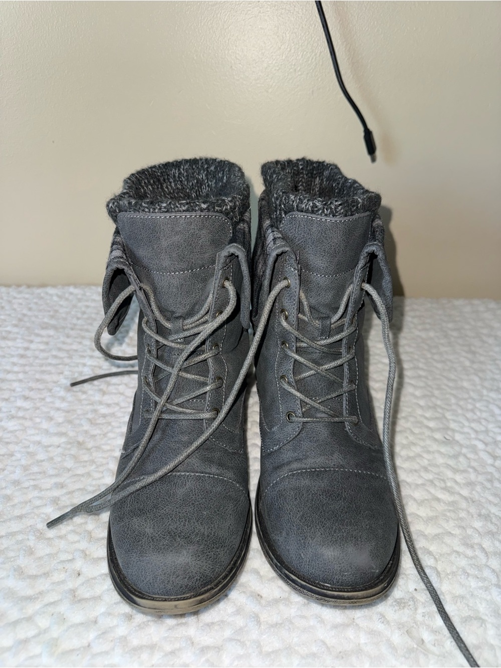 JustFab Gray Lace-Up Faux-Fur Ankle Boots